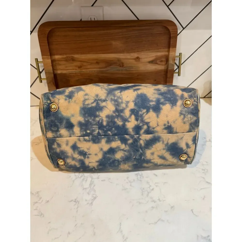 Michael Kors blue beige tie-dye Grayson satchel tan leather trim gold hardware